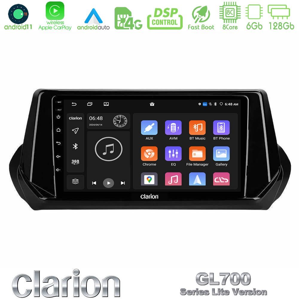 Clarion GL700 Lite Series 8Core Android11 6+128GB Peugeot 208 2019-2023 Navigation Multimedia Tablet 9" Με Carplay & Android Auto