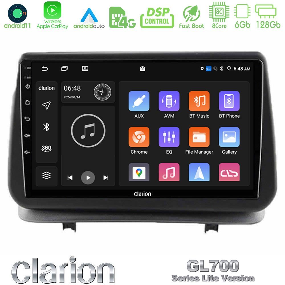 Clarion GL700 Lite Series 8Core Android11 6+128GB Renault Clio 2005-2012 Navigation Multimedia Tablet 9" Με Carplay & Android Auto