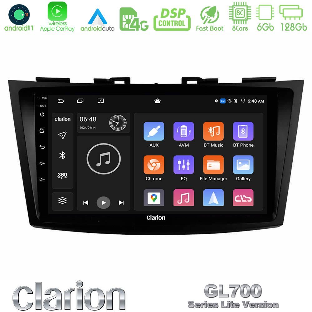 Clarion GL700 Lite Series 8Core Android11 6+128GB Suzuki Swift 2011-2016 Navigation Multimedia Tablet 9" Με Carplay & Android Auto