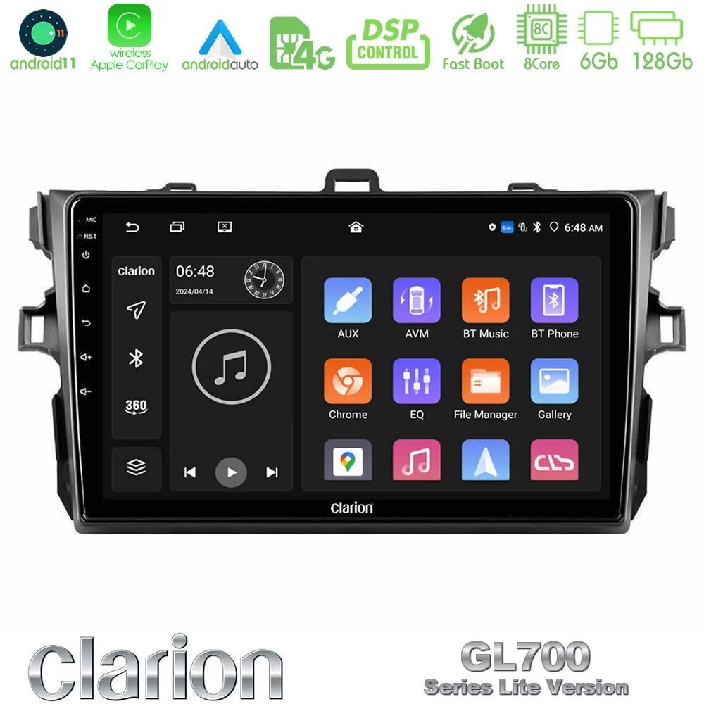 Clarion GL700 Lite Series 8Core Android11 6+128GB Toyota Corolla 2007-2012 Navigation Multimedia Tablet 9" Με Carplay & Android Auto