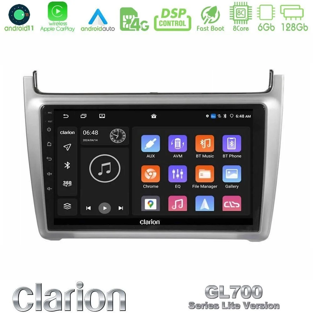 Clarion GL700 Lite Series 8Core Android11 6+128GB Vw Polo 2014-2017 Navigation Multimedia Tablet 9" Με Carplay & Android Auto (Silver)