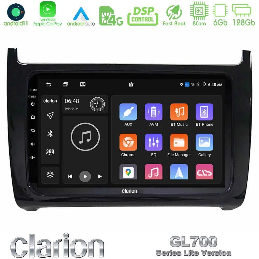 Clarion GL700 Lite Series 8Core Android11 6+128GB Vw Polo 2009-2014 Navigation Multimedia Tablet 9" Με Carplay & Android Auto