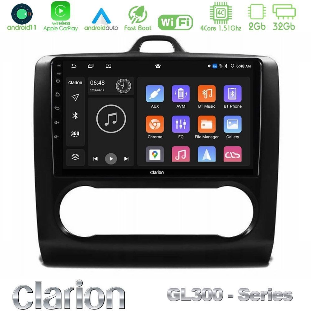 Clarion GL300 Series 4Core Android11 2+32GB Ford Focus Auto AC Navigation Multimedia Tablet 9" Με Carplay & Android Auto