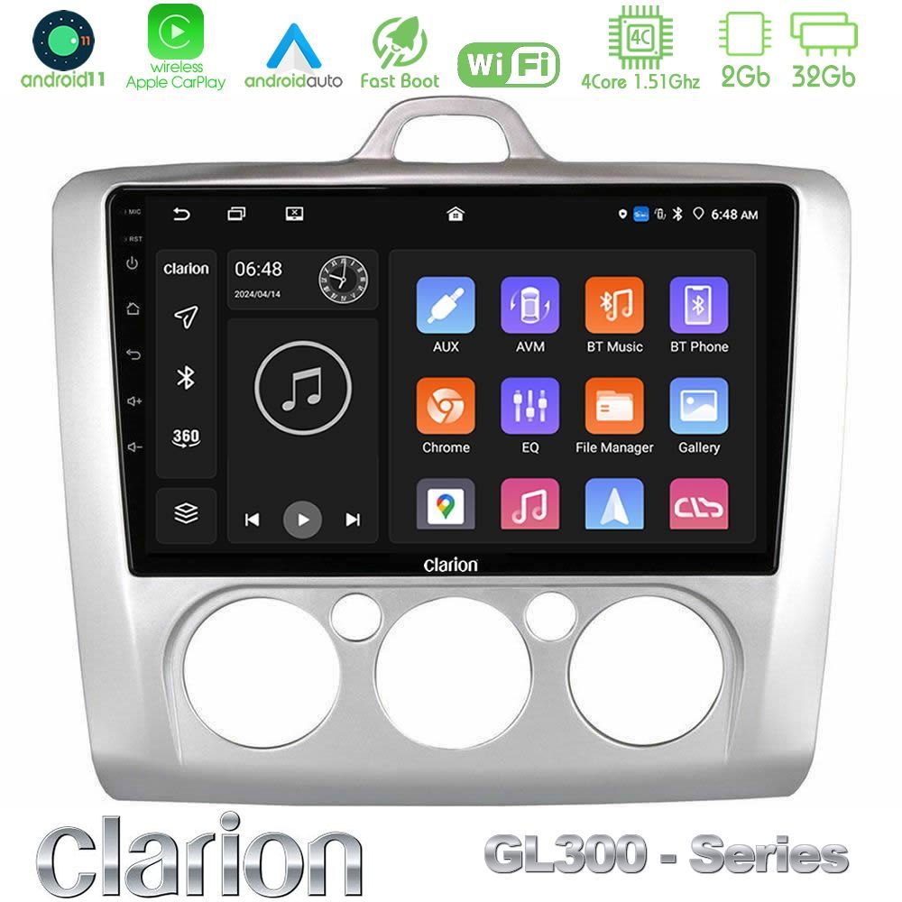 Clarion GL300 Series 4Core Android11 2+32GB Ford Focus Manual AC Navigation Multimedia Tablet 9" Με Carplay & Android Auto