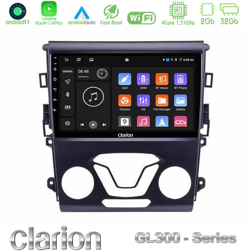 Clarion GL300 Series 4Core Android11 2+32GB Ford Mondeo 2014-2017 Navigation Multimedia Tablet 9" Με Carplay & Android Auto