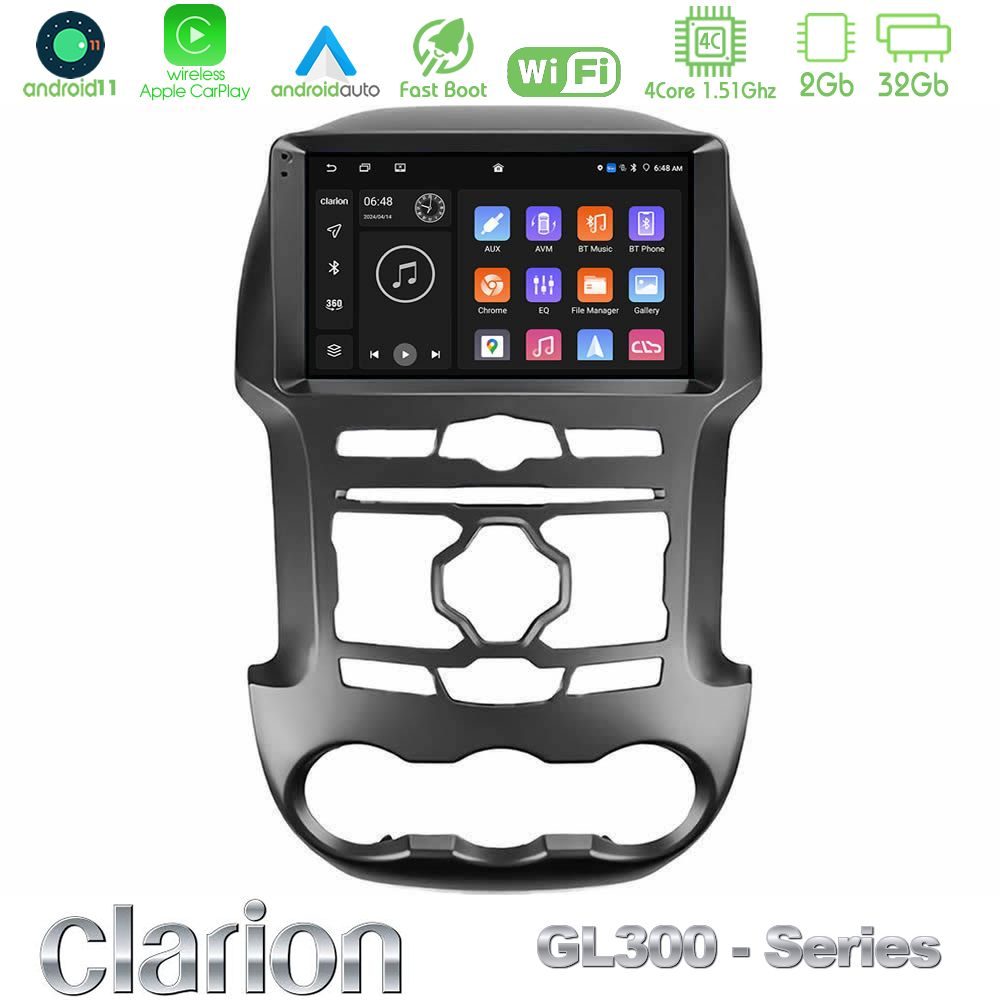 Clarion GL300 Series 4Core Android11 2+32GB Ford Ranger 2012-2016 Navigation Multimedia Tablet 9" Με Carplay & Android Auto