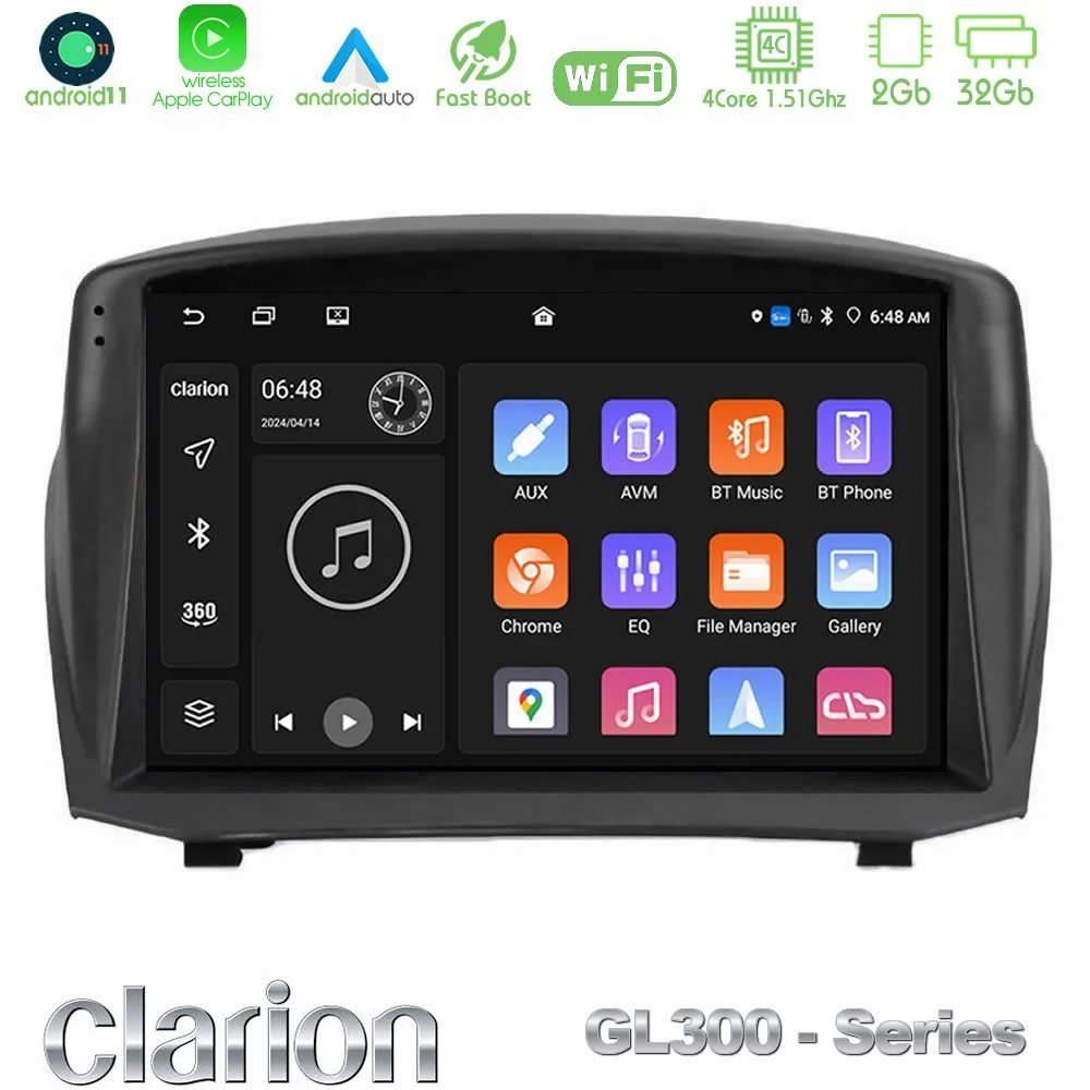 Clarion GL300 Series 4Core Android11 2+32GB Ford Fiesta 2008-2016 Navigation Multimedia Tablet 9" (Oem Style) Με Carplay & Android Auto