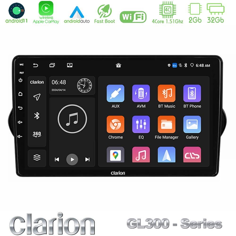 Clarion GL300 Series 4Core Android11 2+32GB Fiat Tipo 2015-2022 Navigation Multimedia Tablet 9" Με Carplay & Android Auto