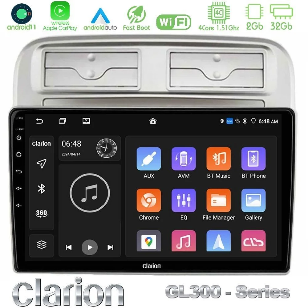 Clarion GL300 Series 4Core Android11 2+32GB Fiat Grande Punto 2006-2011 Navigation Multimedia Tablet 9" Με Carplay & Android Auto