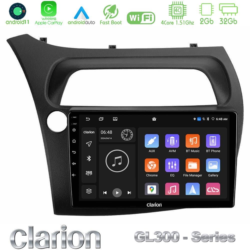 Clarion GL300 Series 4Core Android11 2+32GB Honda CiviC Hatchback 2006-2011 Navigation Multimedia Tablet 9" Με Carplay & Android Auto