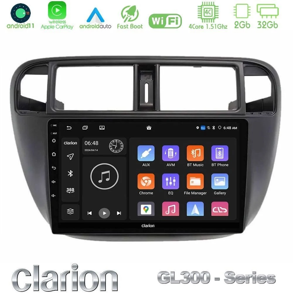 Clarion GL300 Series 4Core Android11 2+32GB Honda Civic 1995-2001 Navigation Multimedia Tablet 9" Με Carplay & Android Auto