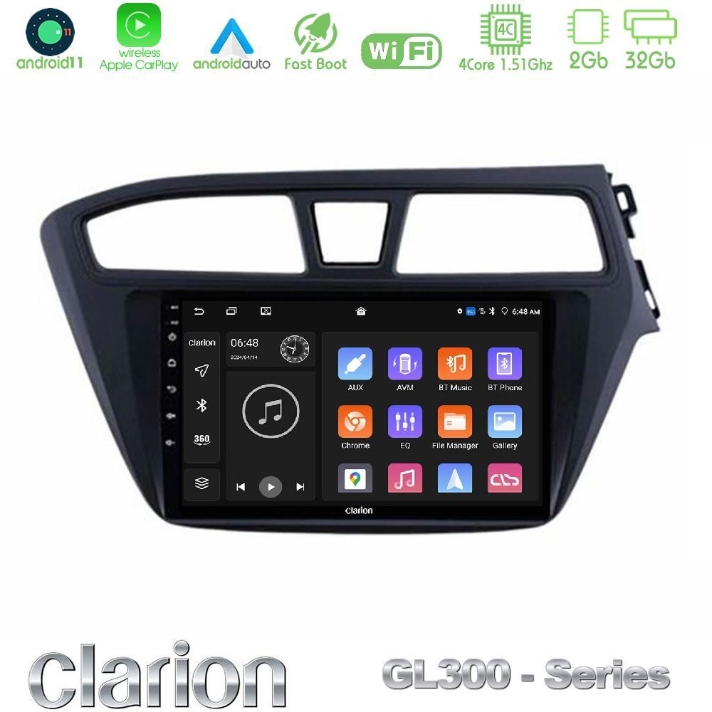 Clarion GL300 Series 4Core Android11 2+32GB Hyundai i20 2014-2018 RHD Navigation Multimedia Tablet 9" Με Carplay & Android Auto