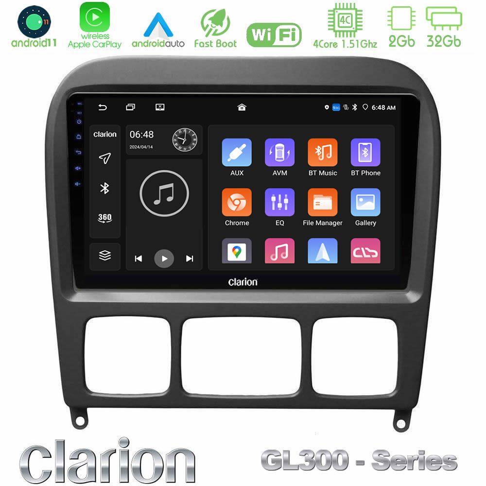 Clarion GL300 Series 4Core Android11 2+32GB Mercedes S Class 1999-2004 (W220) Navigation Multimedia Tablet 9" Με Carplay & Android Auto