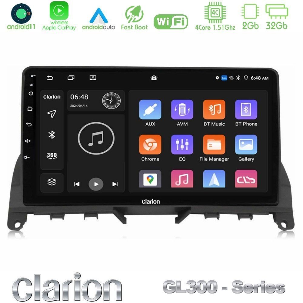 Clarion GL300 Series 4Core Android11 2+32GB Mercedes C-Class W204 2008-2011 Navigation Multimedia Tablet 9" Με Carplay & Android Auto