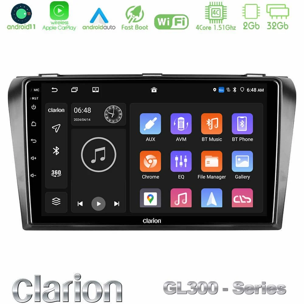 Clarion GL300 Series 4Core Android11 2+32GB Mazda 3 2004-2009 Navigation Multimedia Tablet 9" Με Carplay & Android Auto