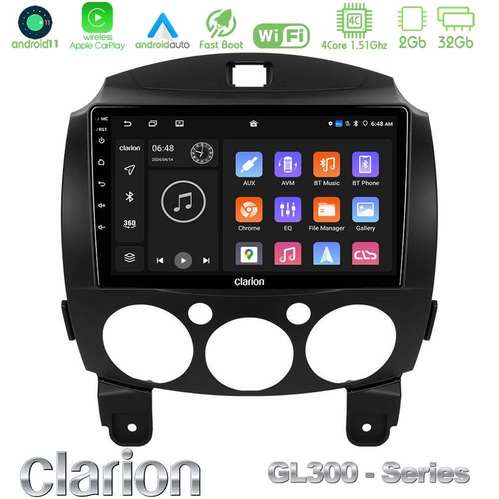 Clarion GL300 Series 4Core Android11 2+32GB Mazda 2 2008-2014 Navigation Multimedia Tablet 9" Με Carplay & Android Auto