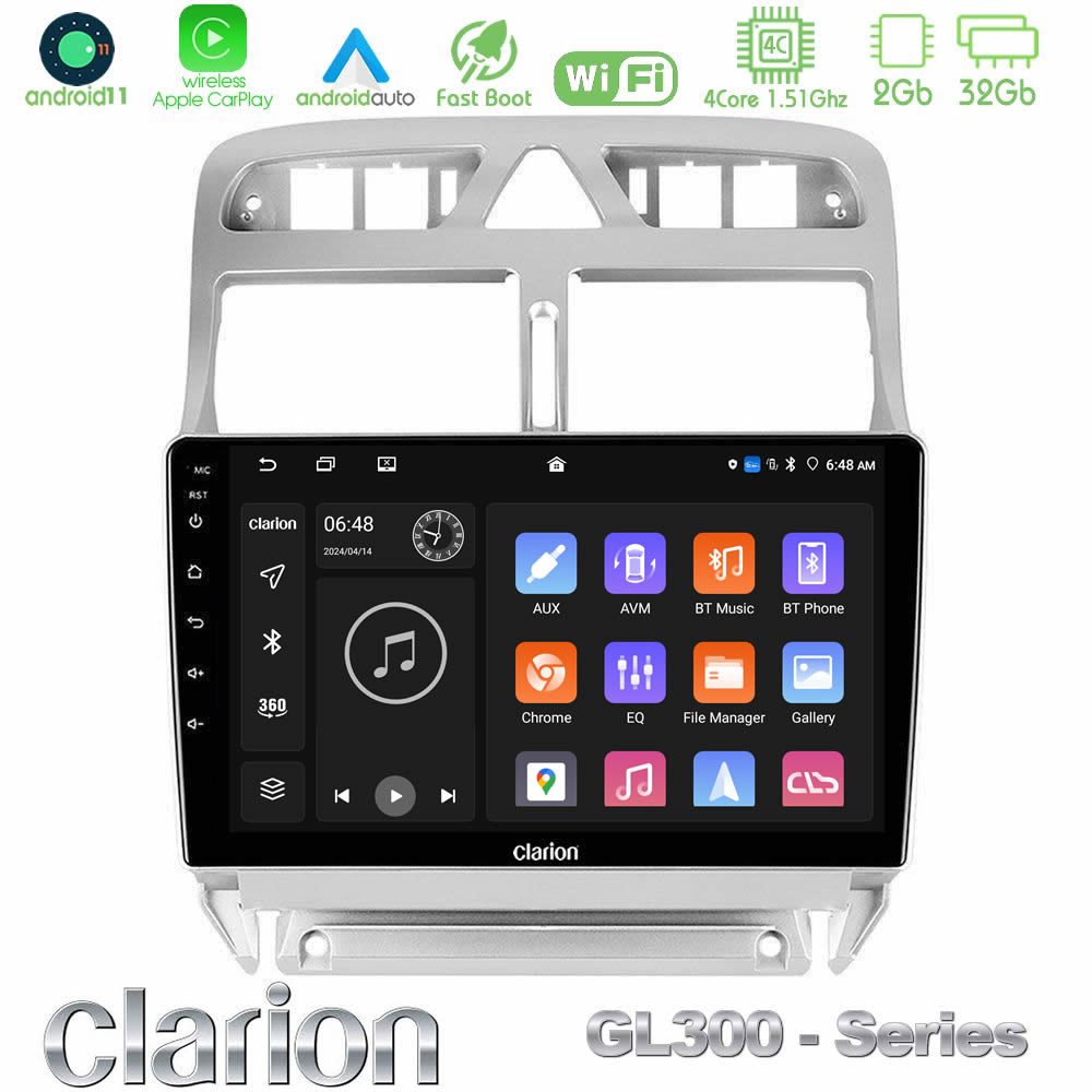 Clarion GL300 Series 4Core Android11 2+32GB Peugeot 307 2002-2008 Navigation Multimedia Tablet 9" Με Carplay & Android Auto