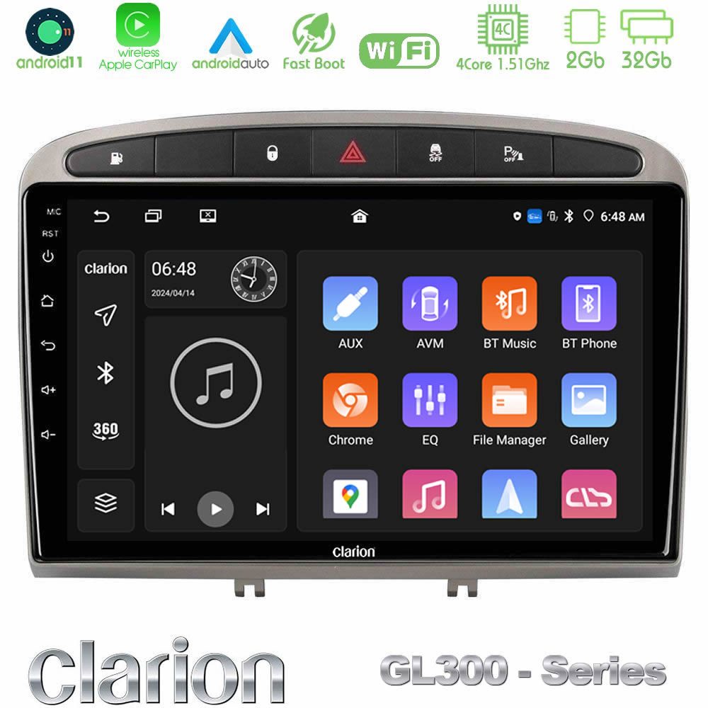 Clarion GL300 Series 4Core Android11 2+32GB Peugeot 308/RCZ Navigation Multimedia Tablet 9" (Ασημί Χρώμα) Με Carplay & Android Auto