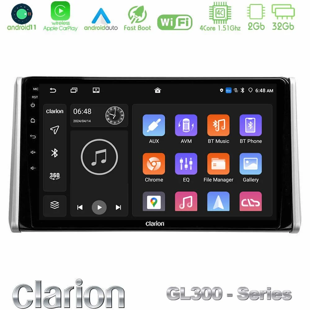 Clarion GL300 Series 4Core Android11 2+32GB Toyota RAV4 2019-2023 Navigation Multimedia Tablet 10" Με Carplay & Android Auto