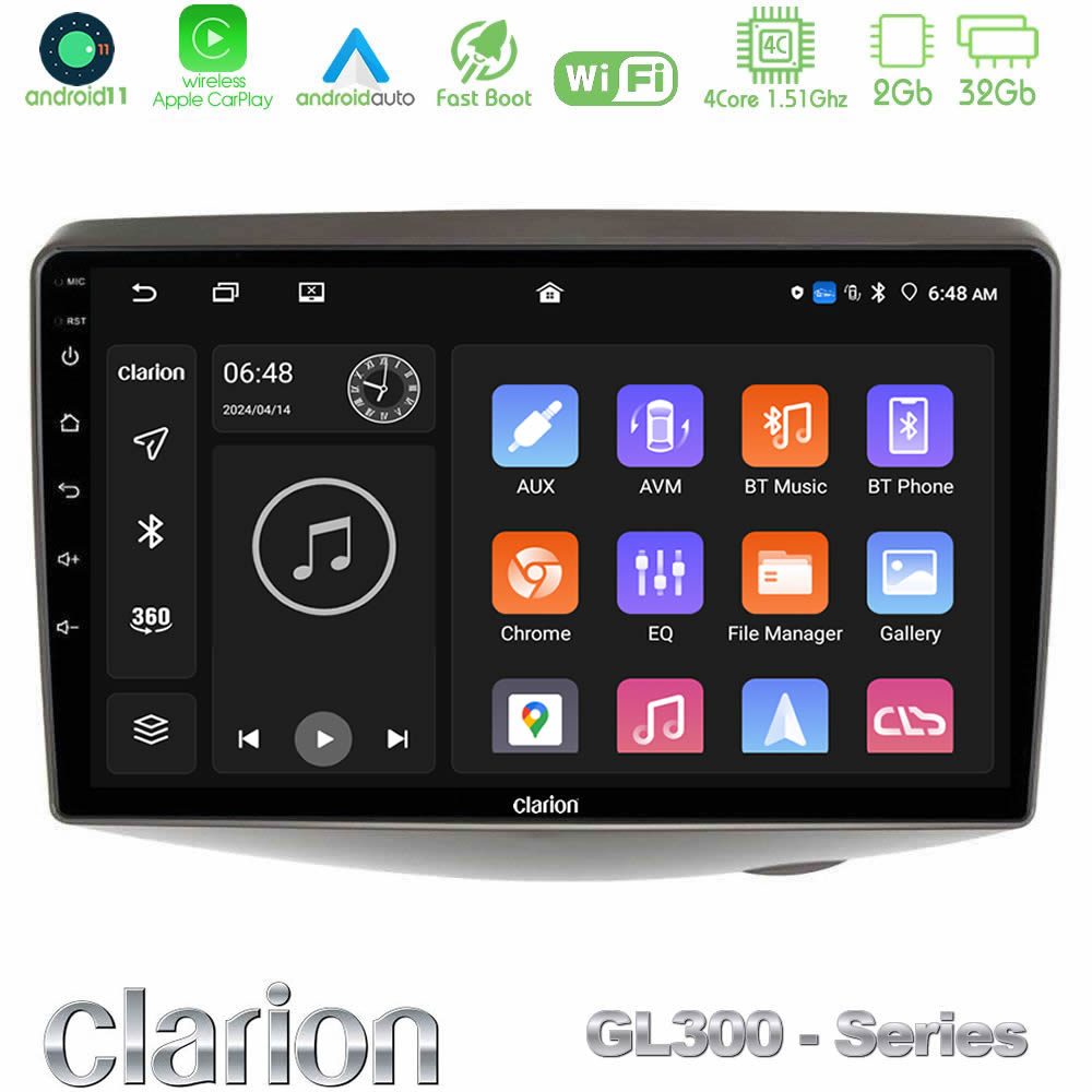 Clarion GL300 Series 4Core Android11 2+32GB Toyota Yaris 1999 - 2006 Navigation Multimedia Tablet 9" Με Carplay & Android Auto