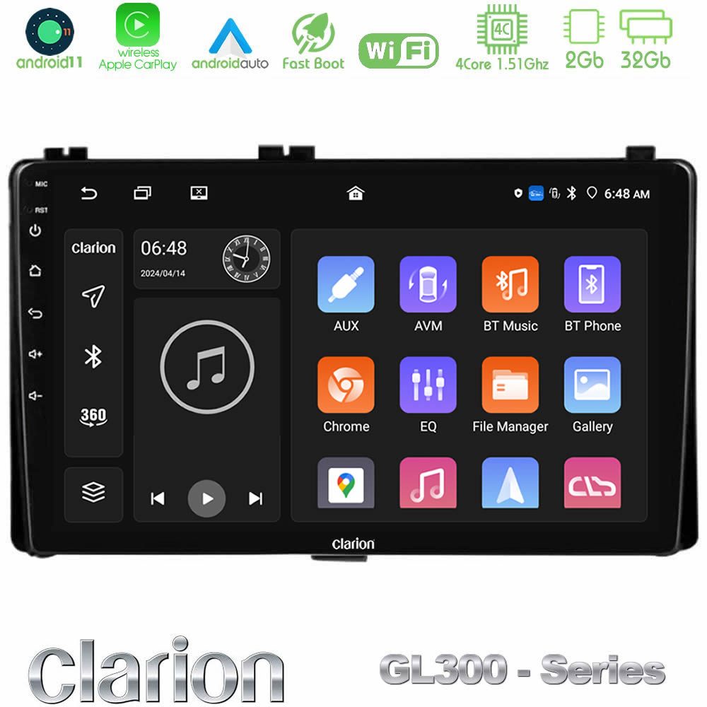 Clarion GL300 Series 4Core Android11 2+32GB Toyota Corolla/Auris 2017-2019  Navigation Multimedia Tablet 9" Με Carplay & Android Auto