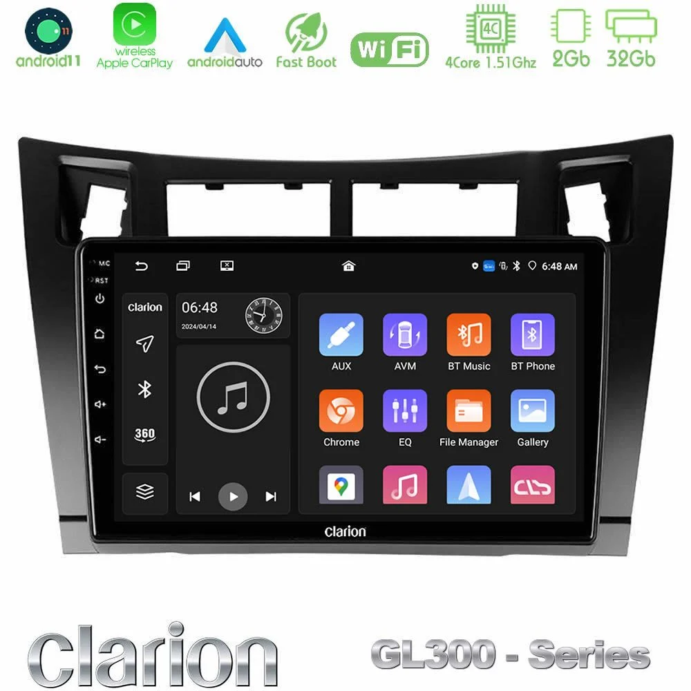 Clarion GL300 Series 4Core Android11 2+32GB Toyota Yaris Navigation Multimedia Tablet 9" (Μαύρο Χρώμα) Με Carplay & Android Auto