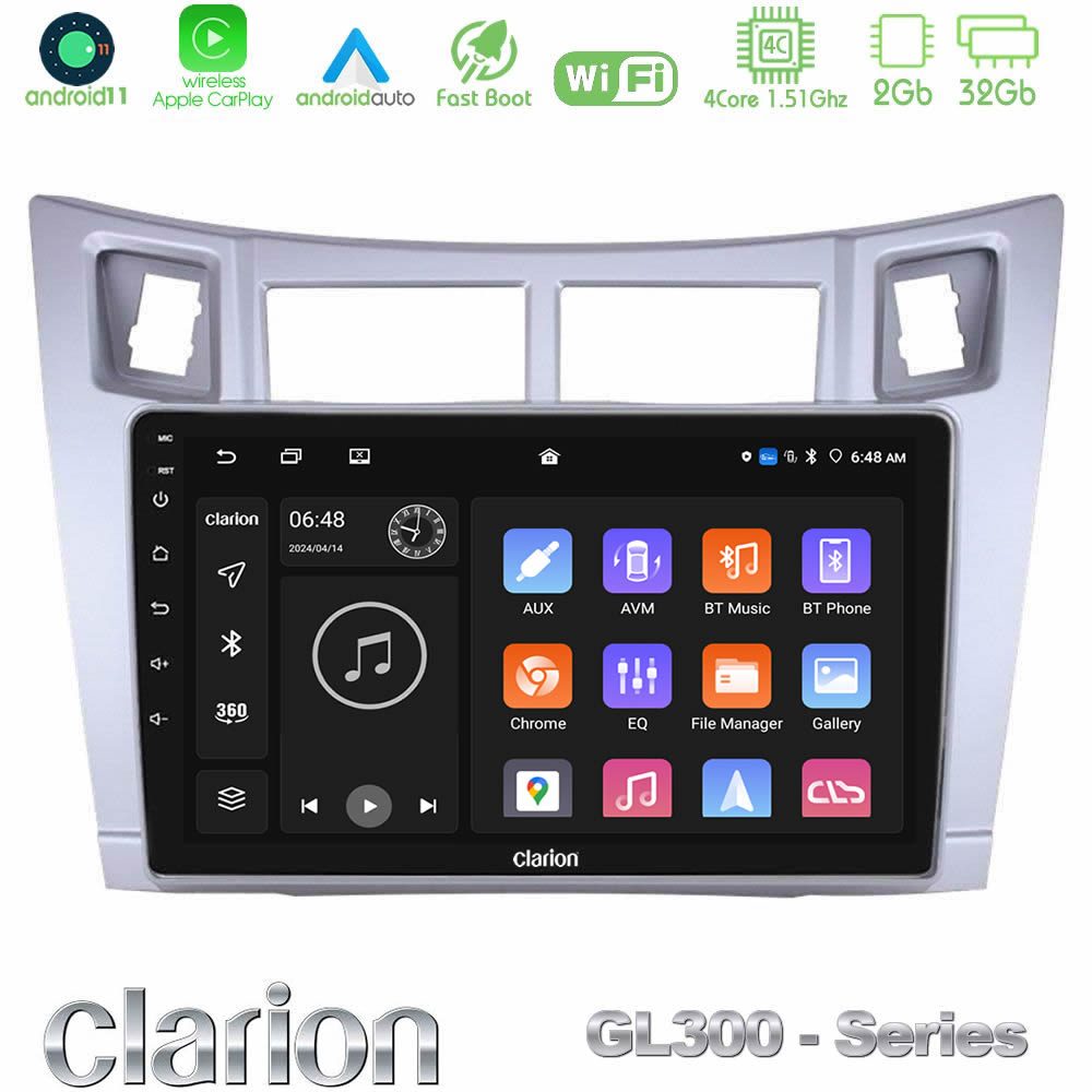 Clarion GL300 Series 4Core Android11 2+32GB Toyota Yaris Navigation Multimedia Tablet 9" (Ασημί Χρώμα) Με Carplay & Android Auto