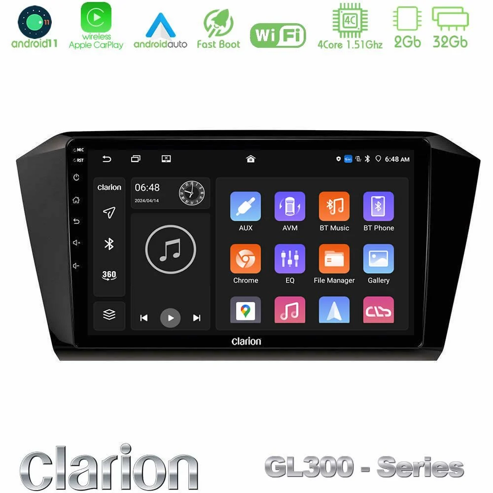 Clarion GL300 Series 4Core Android11 2+32GB VW Passat Navigation Multimedia Tablet 10" Με Carplay & Android Auto