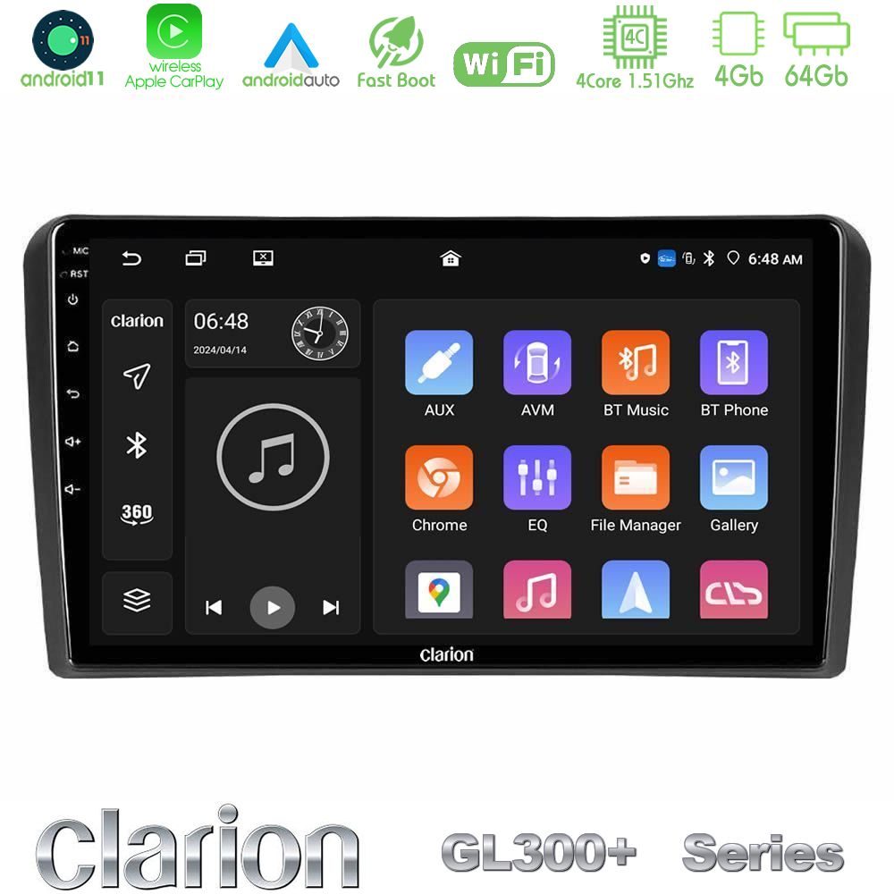 Clarion GL300+ Series 4Core Android11 4+64GB Audi A3 8P Navigation Multimedia Tablet 9"