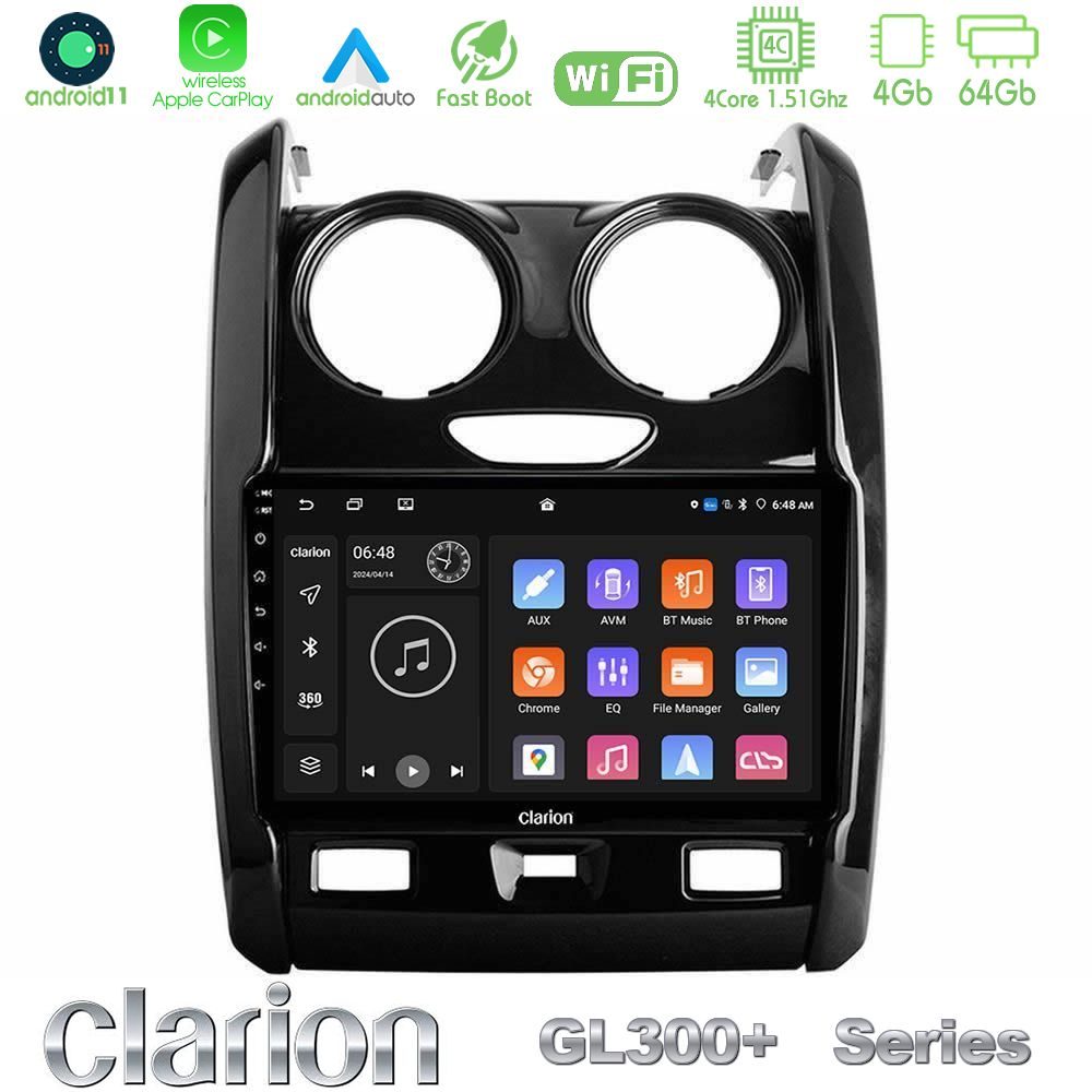 Clarion GL300+ Series 4Core Android11 4+64GB Dacia Duster 2014-2018 Navigation Multimedia Tablet 9"