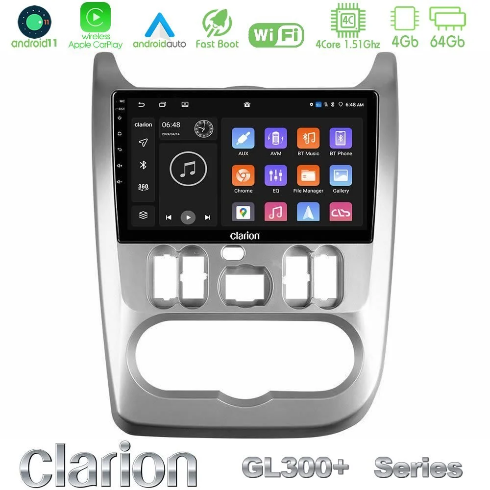 Clarion GL300+ Series 4Core Android11 4+64GB  Dacia Duster/Sandero/Logan Navigation Multimedia Tablet 9"
