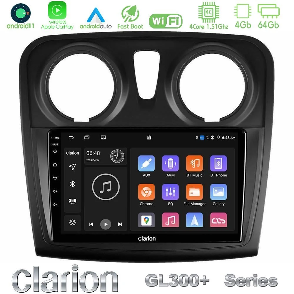 Clarion GL300+ Series 4Core Android11 4+64GB     Dacia Dokker 2014-2021 Navigation Multimedia Tablet 9"
