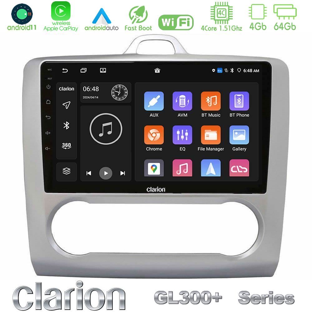 Clarion GL300+ Series 4Core Android11 4+64GB Ford Focus Auto AC Navigation Multimedia Tablet 9"