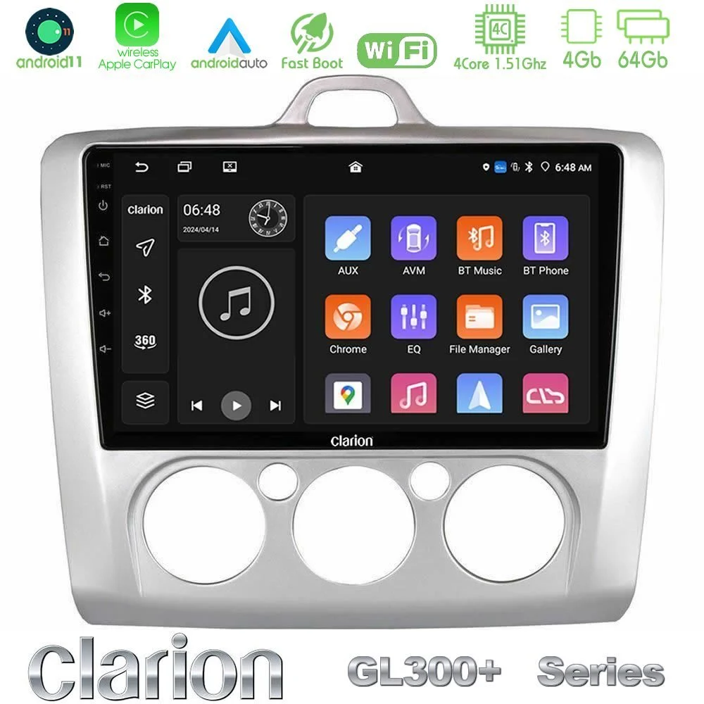 Clarion GL300+ Series 4Core Android11 4+64GB Ford Focus Manual AC Navigation Multimedia Tablet 9"