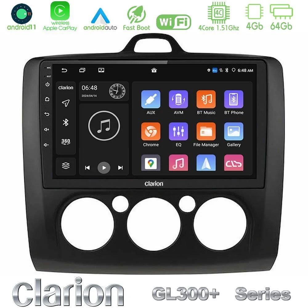 Clarion GL300+ Series 4Core Android11 4+64GB Ford Focus Manual AC Navigation Multimedia Tablet 9" (Μαύρο Χρώμα)