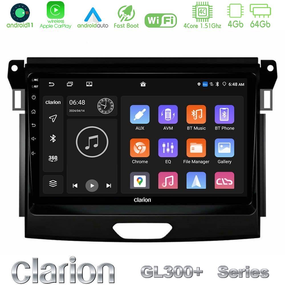 Clarion GL300+ Series 4Core Android11 4+64GB Ford Ranger 2017-2022 Navigation Multimedia Tablet 9"