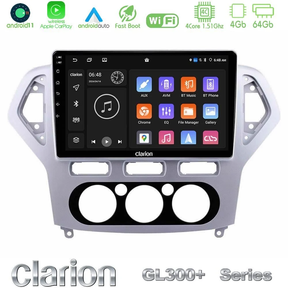 Clarion GL300+ Series 4Core Android11 4+64GB Ford Mondeo 2007-2010 Manual A/C Navigation Multimedia Tablet 10"