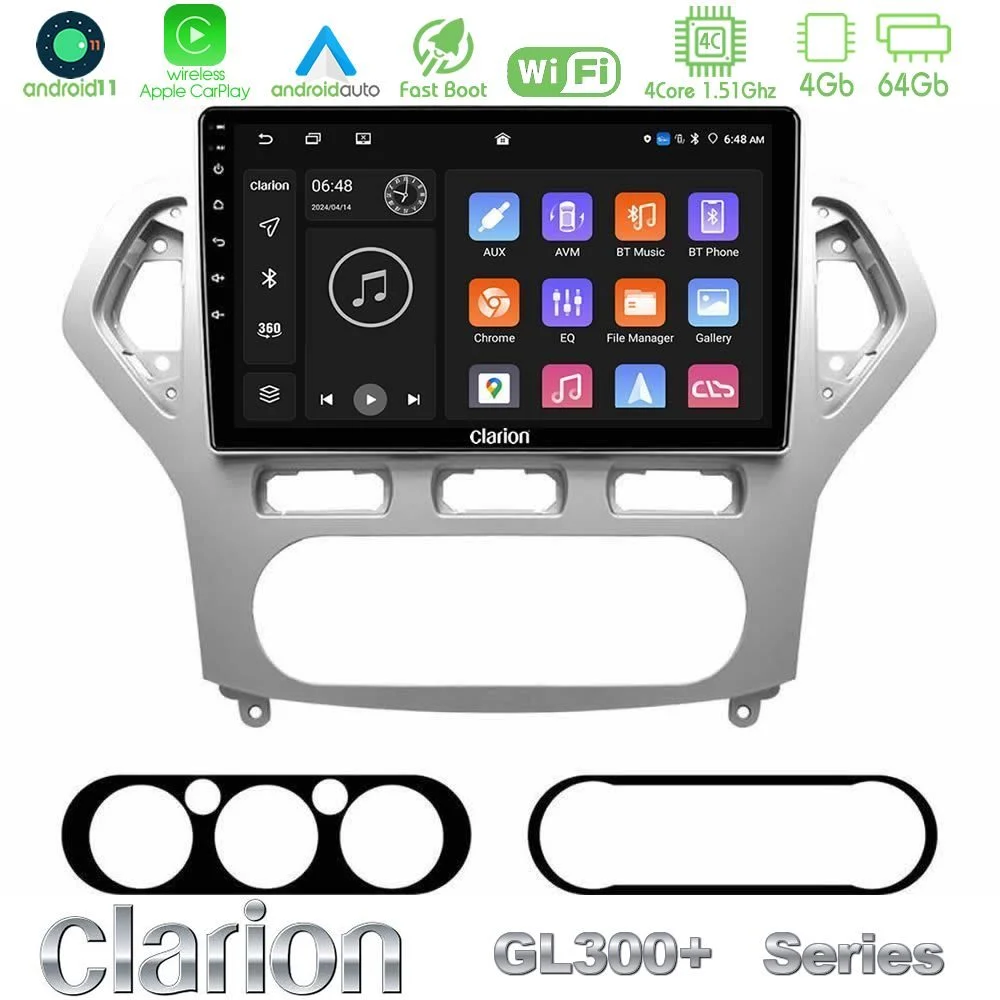 Clarion GL300+ Series 4Core Android11 4+64GB Ford Mondeo 2007-2010 AUTO A/C Navigation Multimedia Tablet 10"