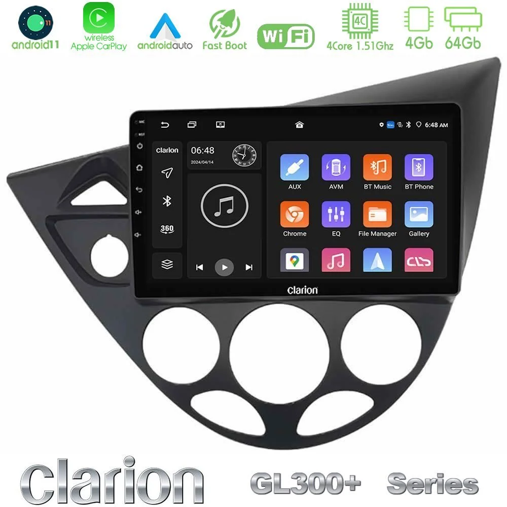 Clarion GL300+ Series 4Core Android11 4+64GB Ford Focus 1999-2004 Navigation Multimedia Tablet 9"