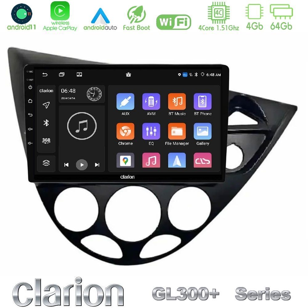 Clarion GL300+ Series 4Core Android11 4+64GB Ford Focus 1999-2004 (RHD) Navigation Multimedia Tablet 9"