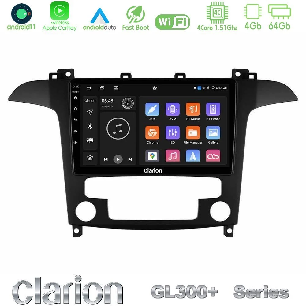 Clarion GL300+ Series 4Core Android11 4+64GB  Ford S-Max 2006-2012 Navigation Multimedia Tablet 9"
