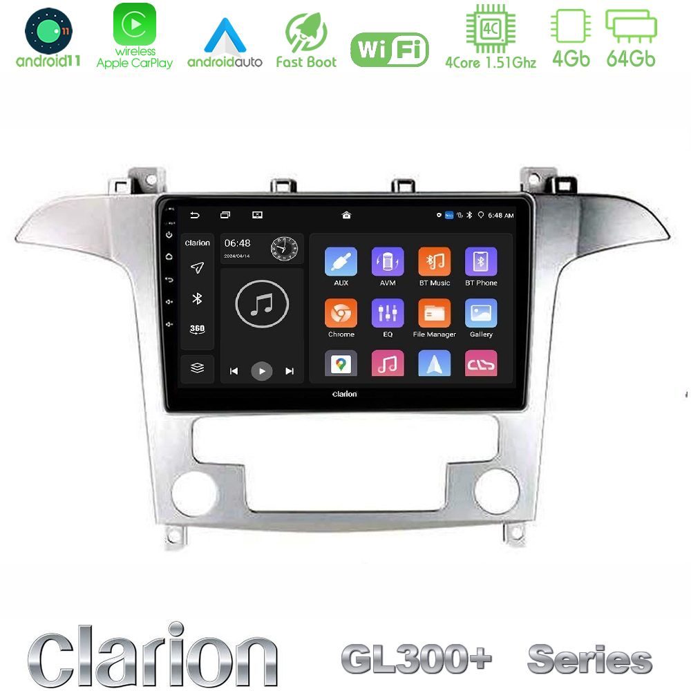 Clarion GL300+ Series 4Core Android11 4+64GB Ford S-Max 2006-2012 Navigation Multimedia Tablet 9"