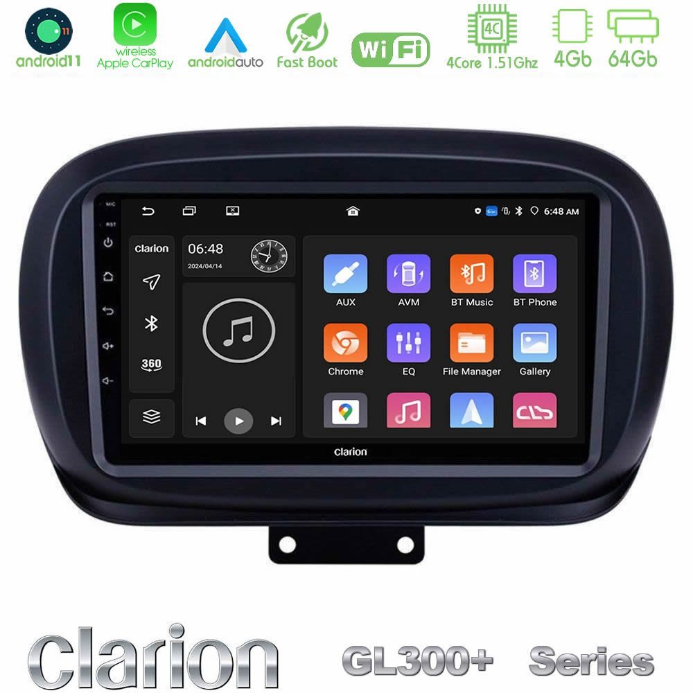 Clarion GL300+ Series 4Core Android11 4+64GB Fiat 500X Navigation Multimedia Tablet 9"