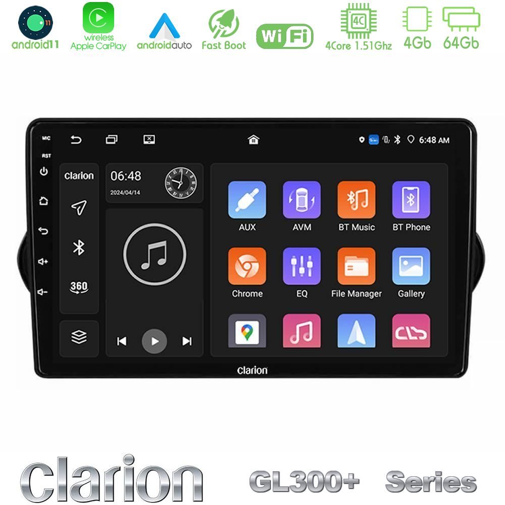 Clarion GL300+ Series 4Core Android11 4+64GB Fiat Tipo 2015-2022 (Sedan) Navigation Multimedia Tablet 9"