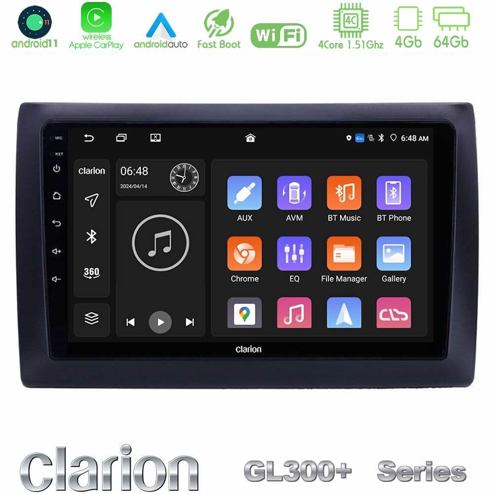Clarion GL300+ Series 4Core Android11 4+64GB Fiat Stilo Navigation Multimedia Tablet 9"