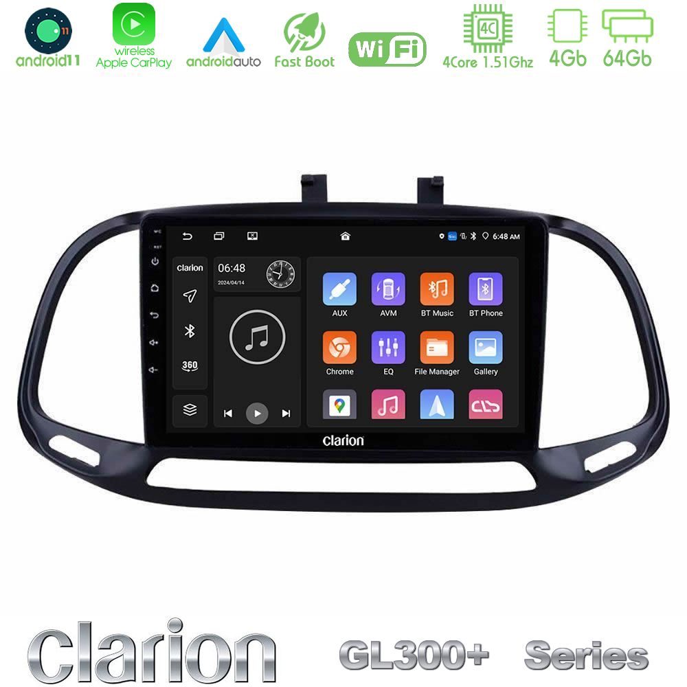 Clarion GL300+ Series 4Core Android11 4+64GB Fiat Doblo 2015-2022 Navigation Multimedia Tablet 9"
