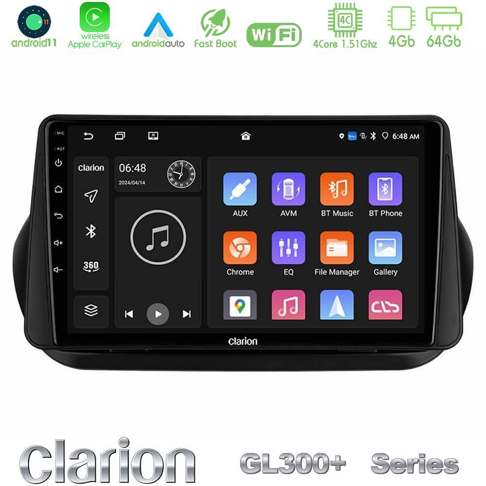 Clarion GL300+ Series 4Core Android11 4+64GB Fiat Fiorino/Citroen Nemo/Peugeot Bipper Navigation Multimedia Tablet 10"