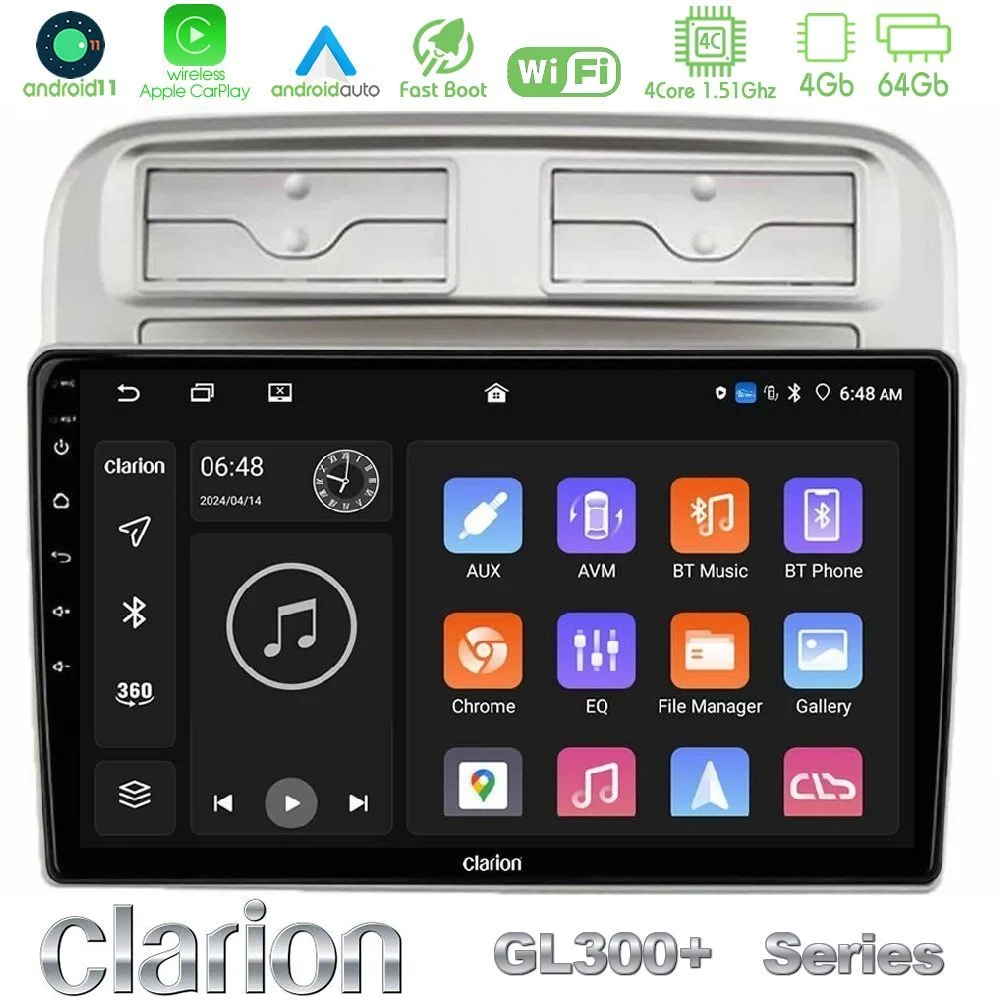 Clarion GL300+ Series 4Core Android11 4+64GB  Fiat Grande Punto 2006-2011 Navigation Multimedia Tablet 9"