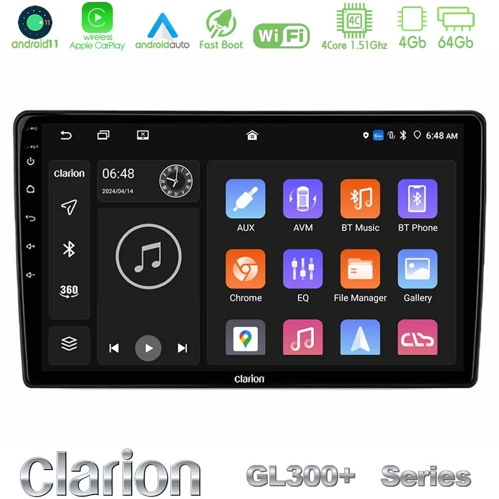 Clarion GL300+ Series 4Core Android11 4+64GB Fiat Panda 2003-2012 Navigation Multimedia Tablet 9"