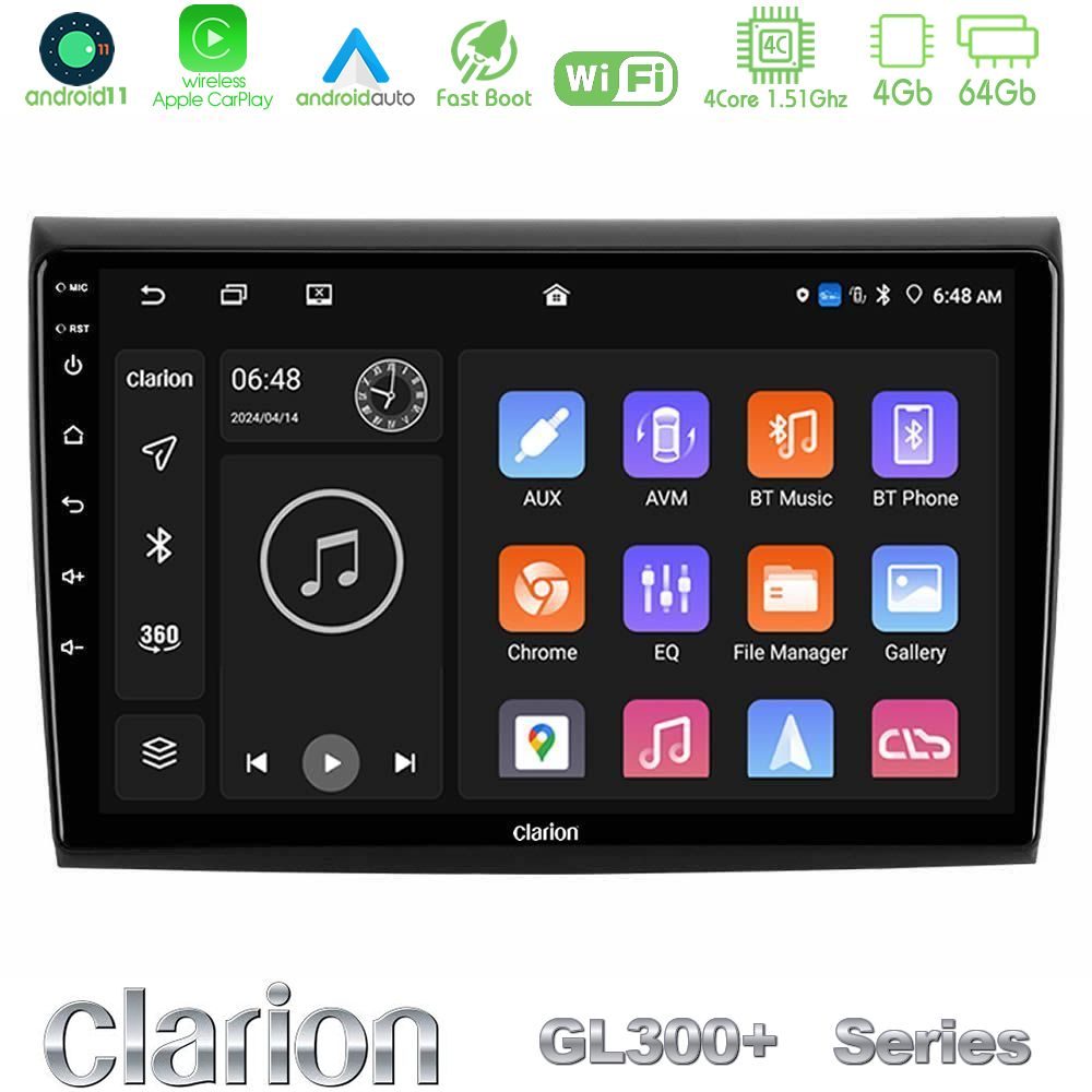 Clarion GL300+ Series 4Core Android11 4+64GB Fiat Bravo Navigation Multimedia Tablet 9"